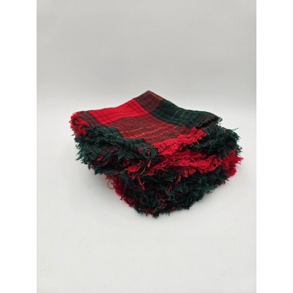 12 Vintage Red Green Knit Plaid Christmas Napkins Rag Fringe Metallic Sparkle - Picture 6 of 6
